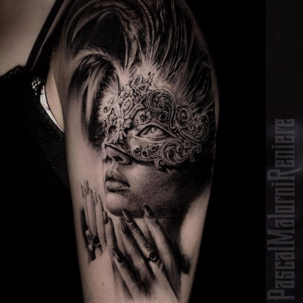 Masquerade black and grey tattoo by Pascal Malorni Reniere