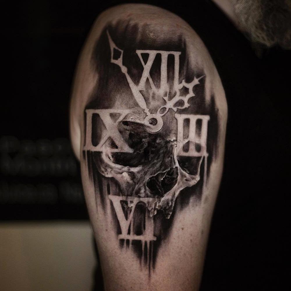 Clock and skull tattoo by Pascal Malorni Reniere
