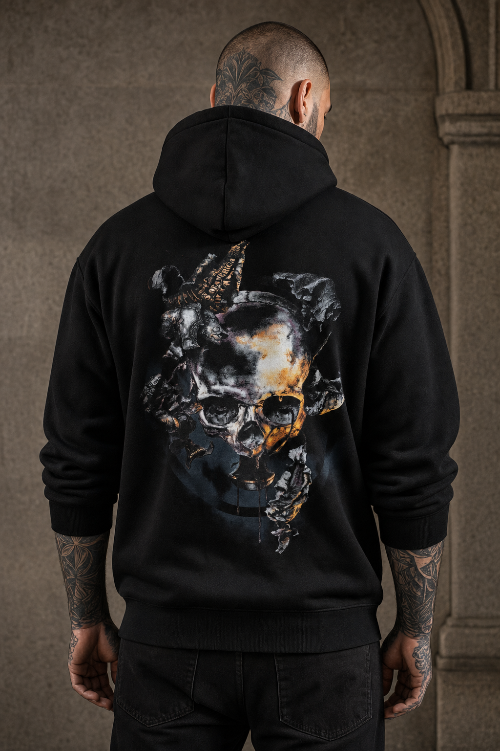 Concept model wearing a Pascal artwork silkscreen hoodie