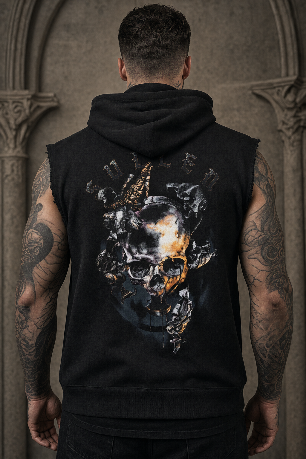 AI concept model wearing a Pascal artwork sleeveless hooded vest